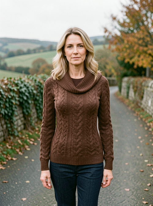 Country-Style Cable-Knit Turtleneck Jumper — Brown - Brown