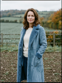 Women's Shearling-Collar Longline Coat — Lamb-Wool Textured Coat - Blue