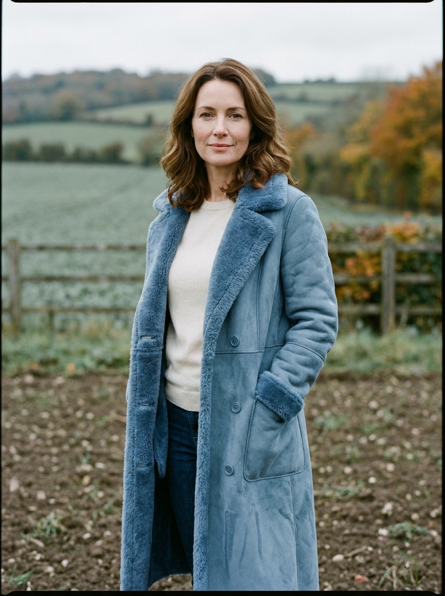 Women's Shearling-Collar Longline Coat — Lamb-Wool Textured Coat - Blue