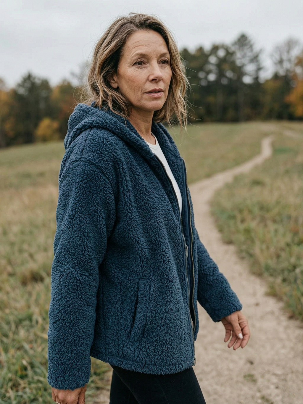 Women's Double-Sided Sherpa Fleece Hoodie — Soft Zip-Up Mid-Layer - Navy Blue