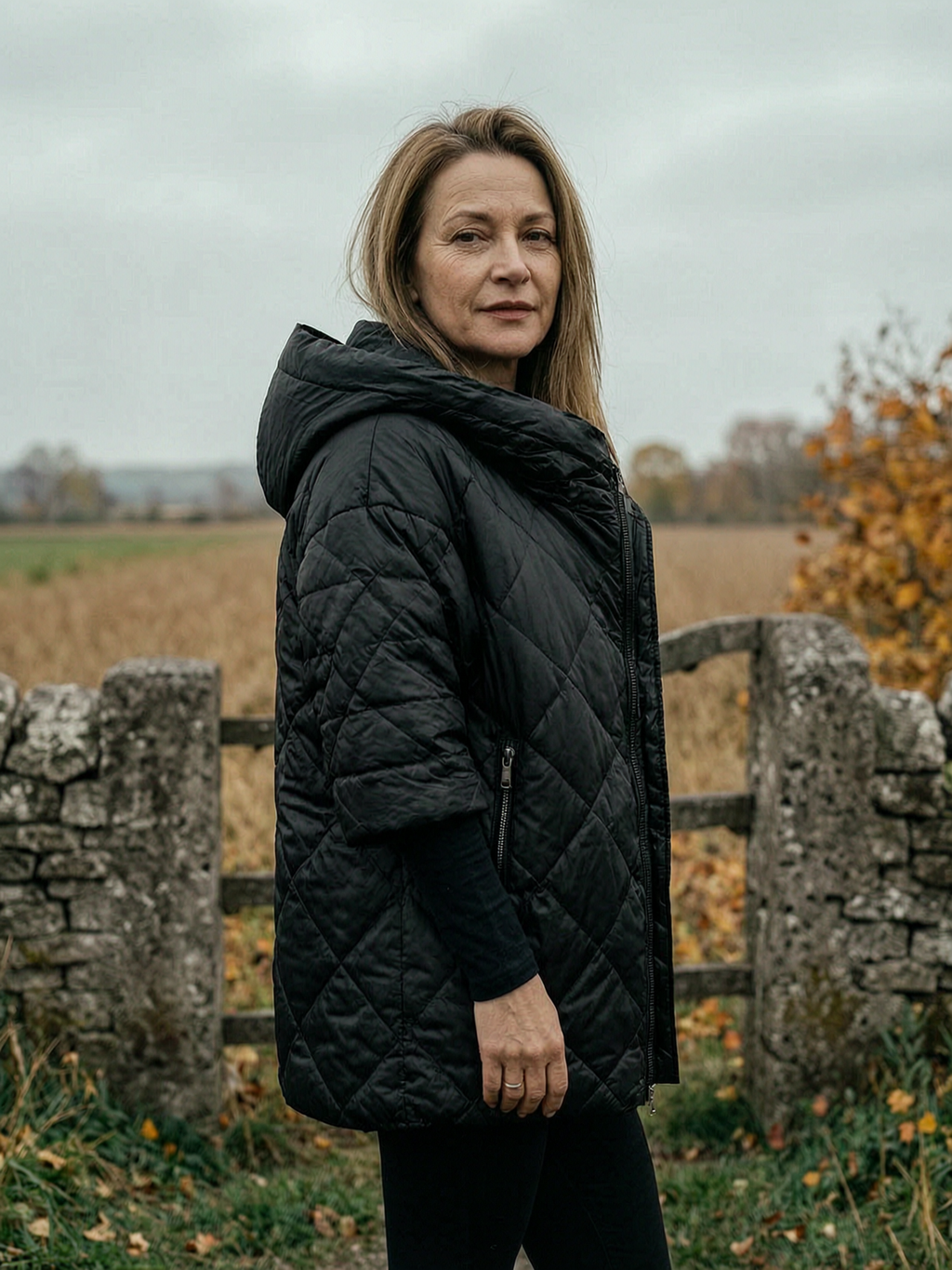 Asymmetric-Zip Diamond-Quilted Funnel-Neck Puffer - Black