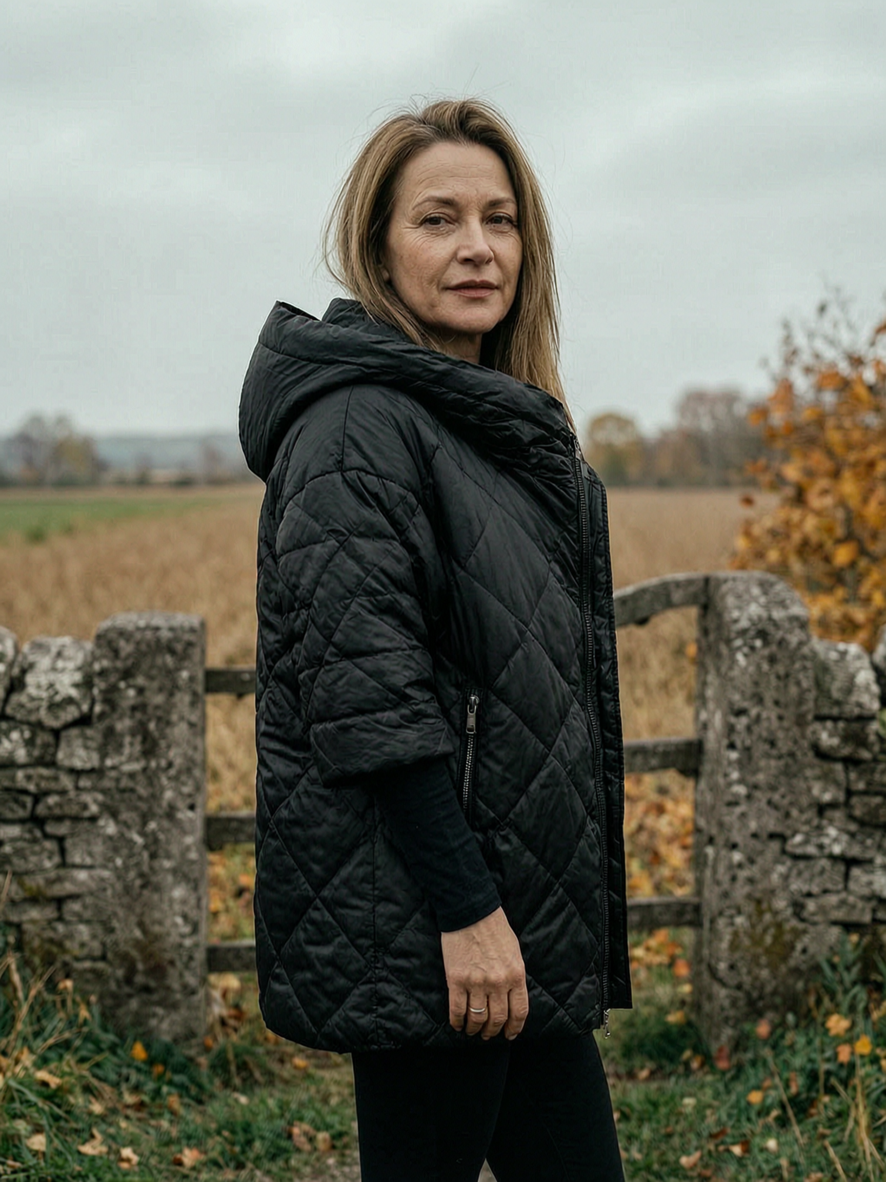 Asymmetric-Zip Diamond-Quilted Funnel-Neck Puffer - Black