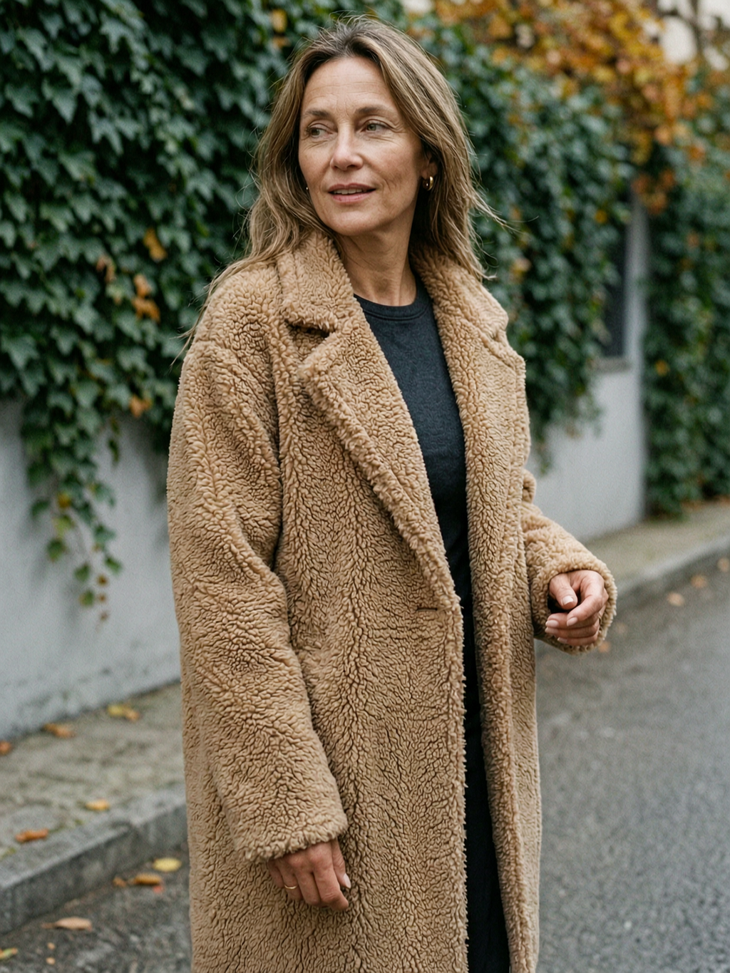 Women's Oversized Teddy Fleece Longline Coat — Soft Open-Front Layer - Khaki