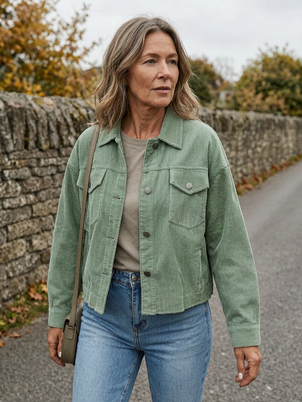 Women's Cropped Corduroy Overshirt — Loose-Fit Button-Front Shacket - Sage Green