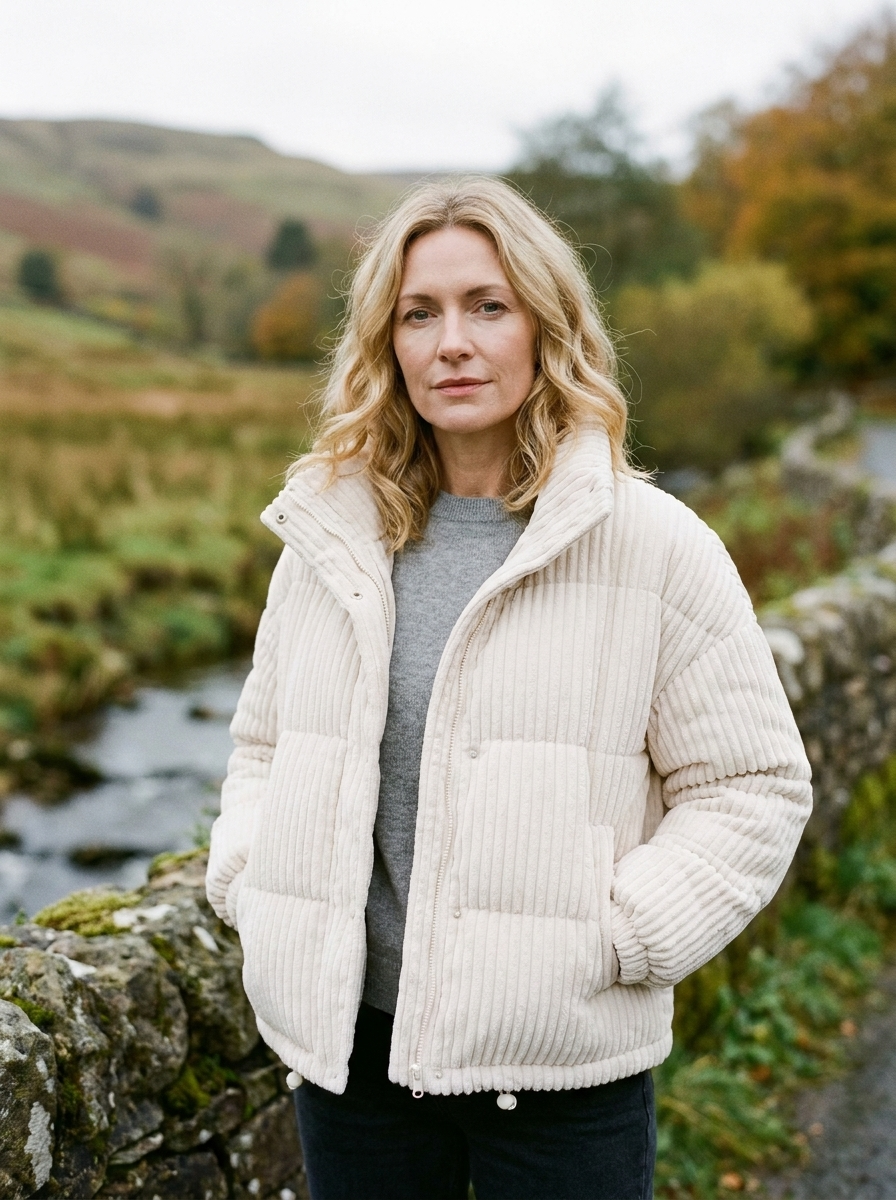 Women's Corduroy Puffer Jacket — Warm Ribbed Winter Coat - Milky White