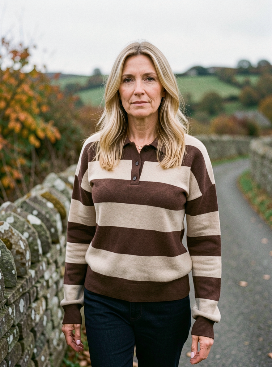Striped Collared Button-Placket Knit Jumper — Rugby Stripe - Apricot Coffee