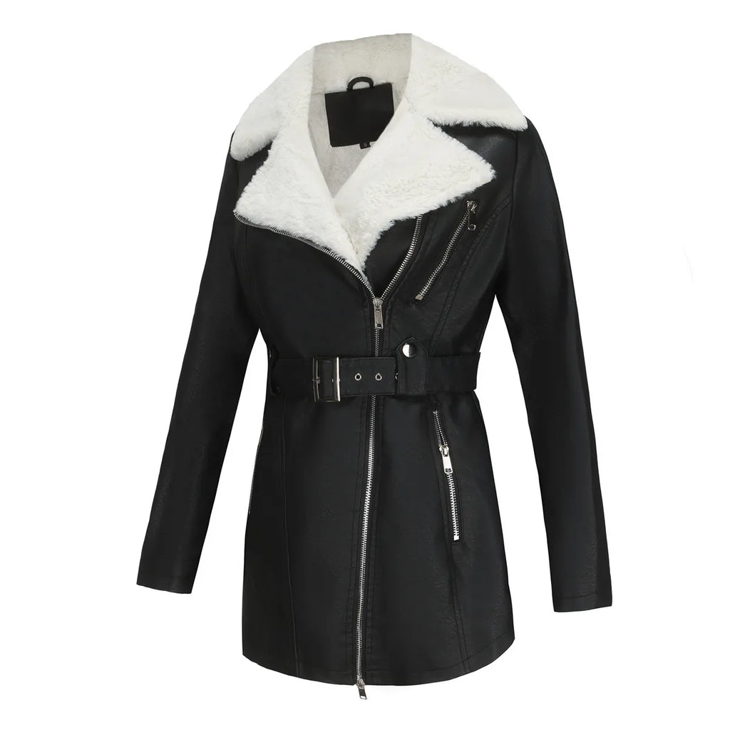Biker Style Women's Faux Sheepskin Coat with Belt | E&W - 3 - Elenwear