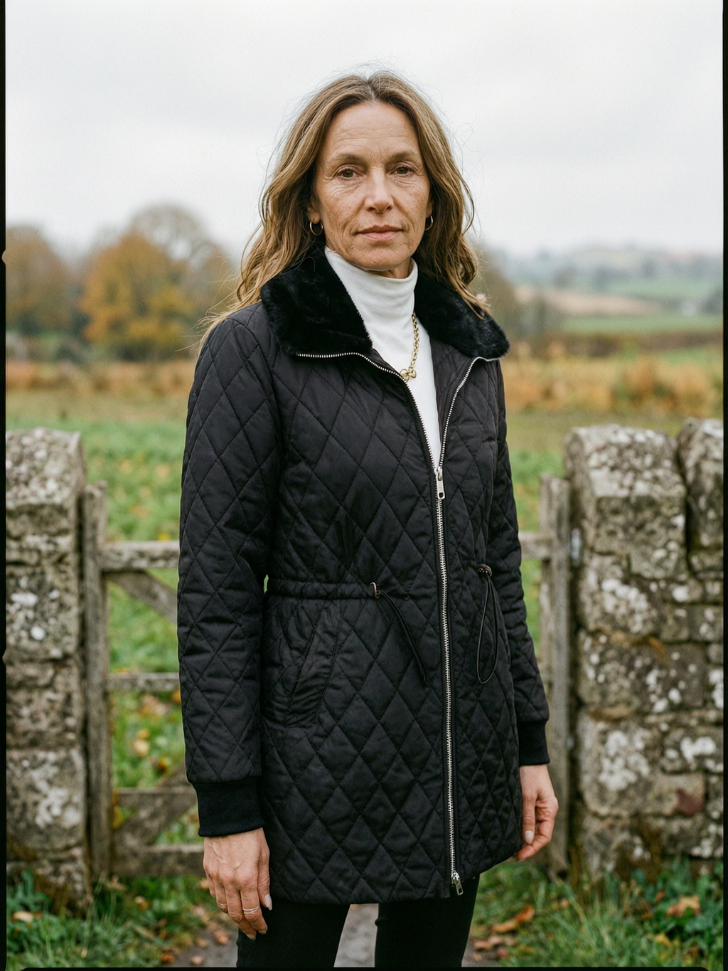 Diamond-Quilted Waist-Cinch Coat with Faux Fur Collar - Black