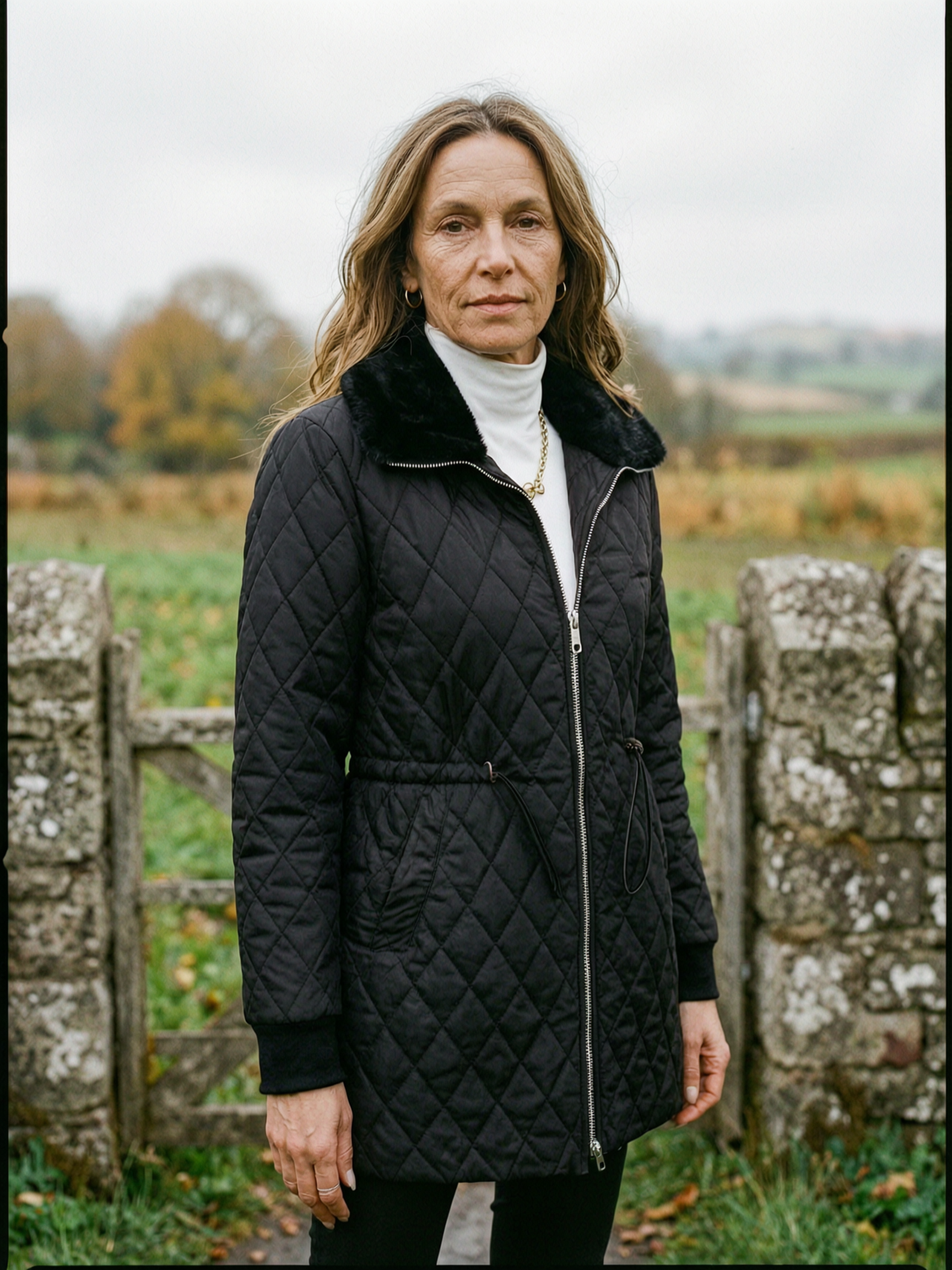 Diamond-Quilted Waist-Cinch Coat with Faux Fur Collar - Black