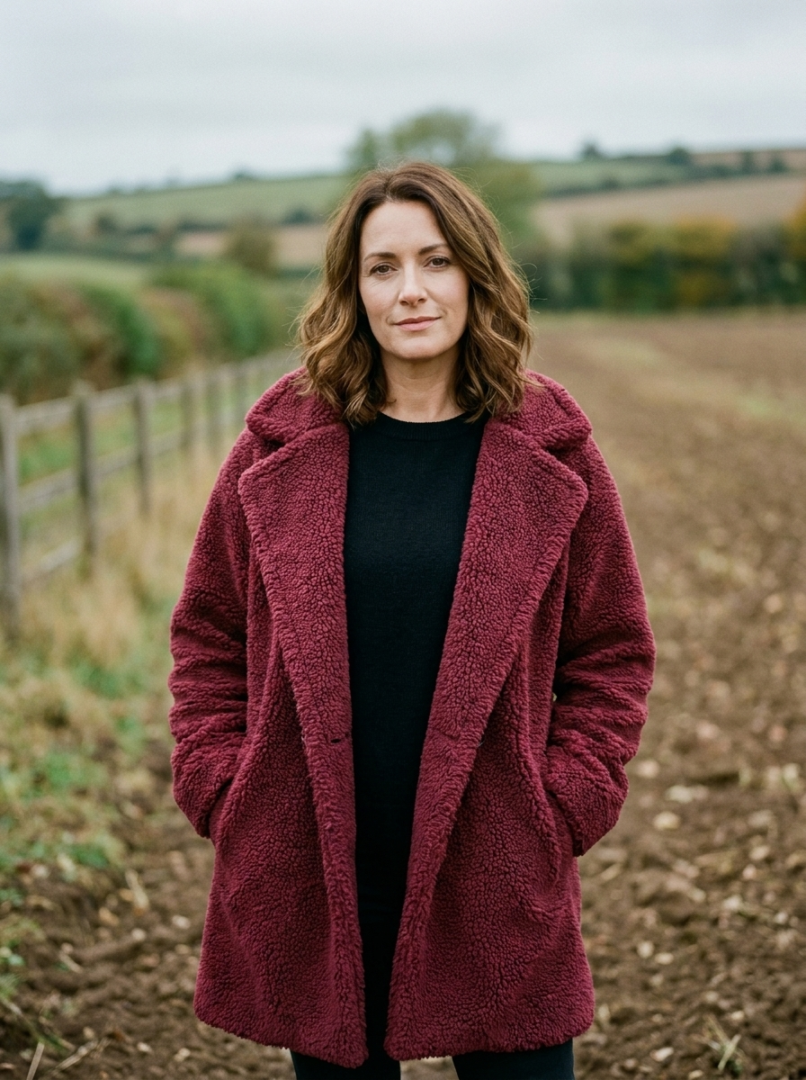 Women's Fluffy Teddy Fleece Longline Coat — Oversized Collar Coat - Wine Red