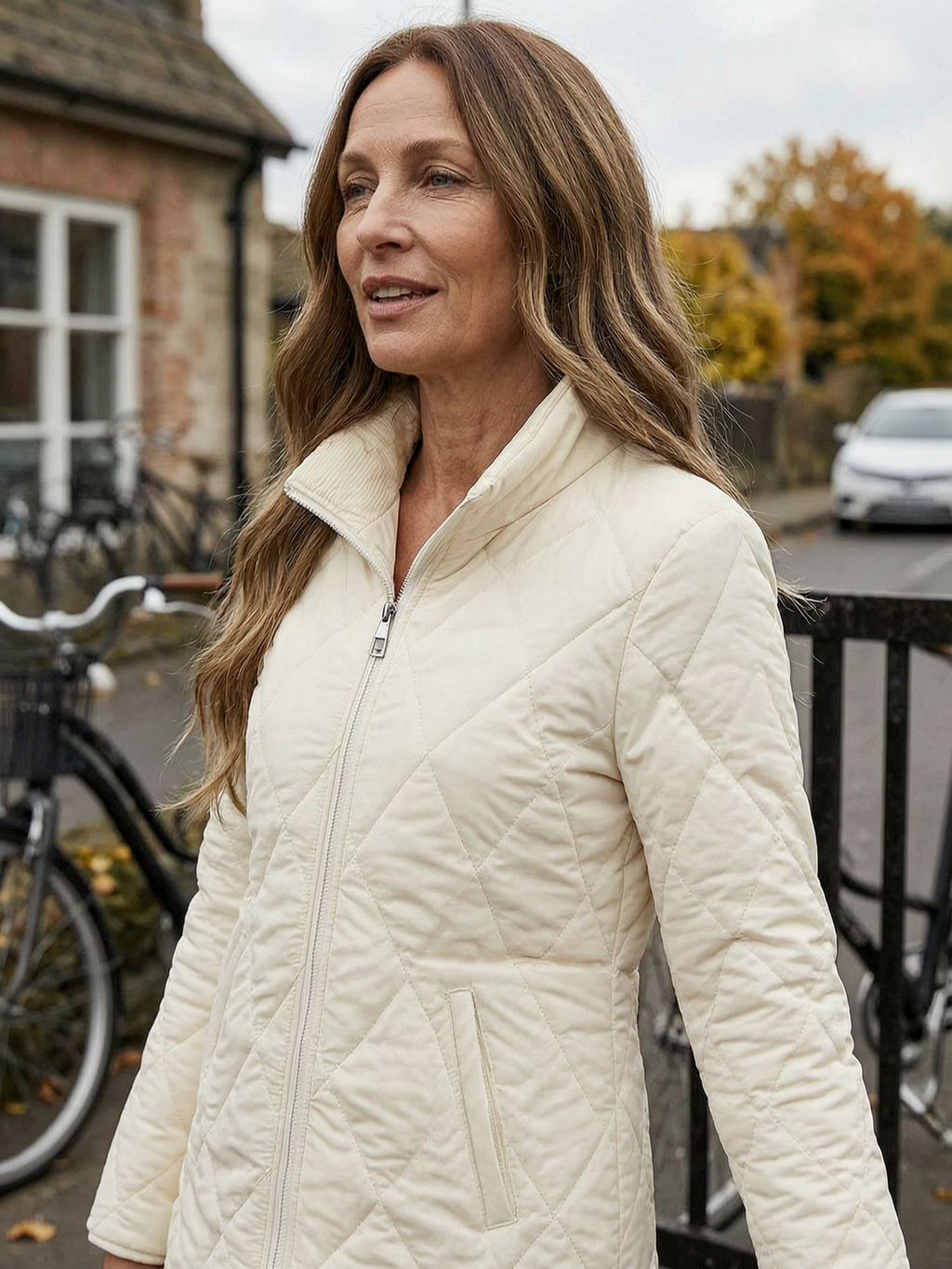 Diamond-Quilted Mid-Length Coat with Stand Collar - Cream