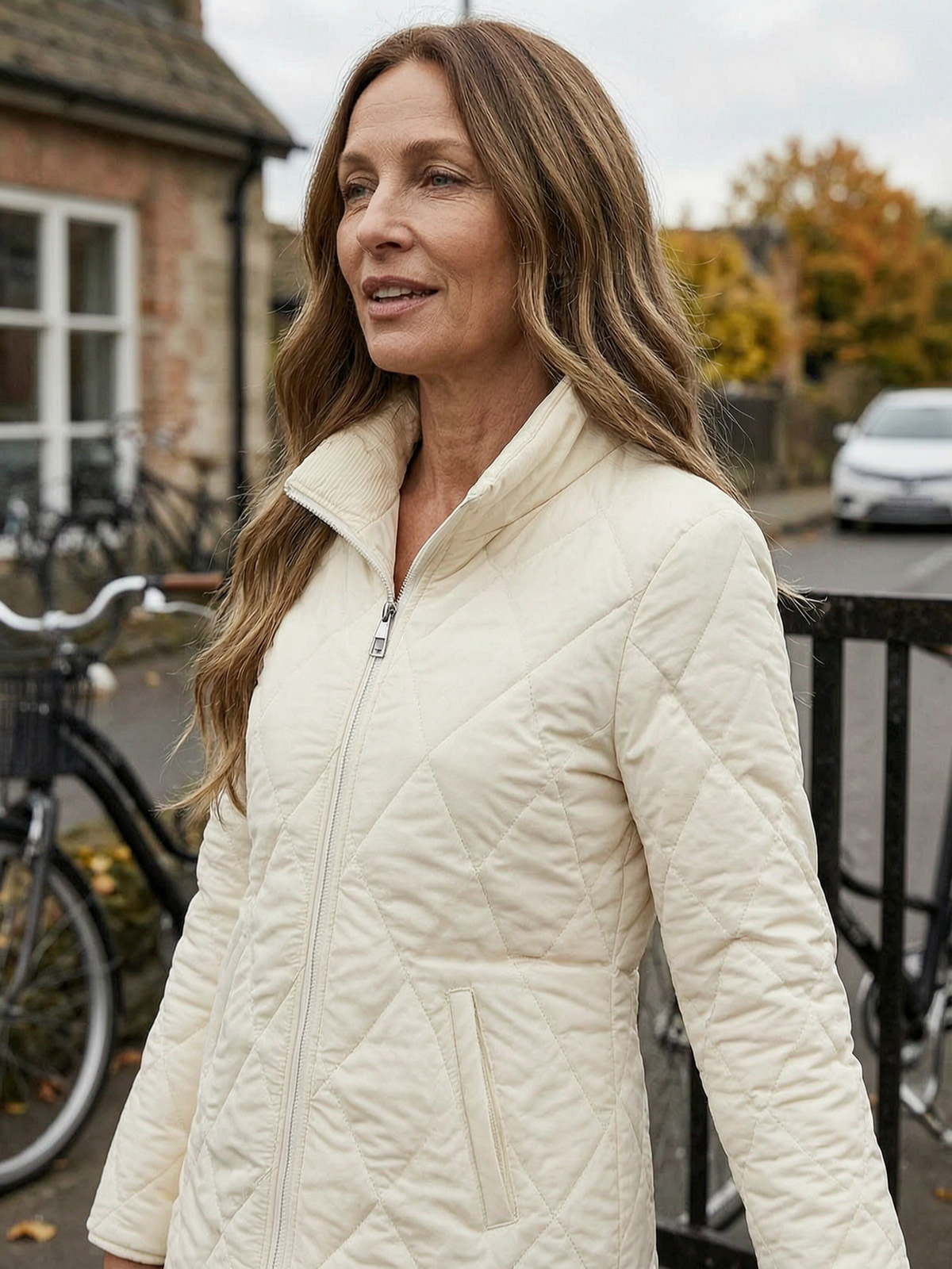 Diamond-Quilted Mid-Length Coat with Stand Collar - Cream