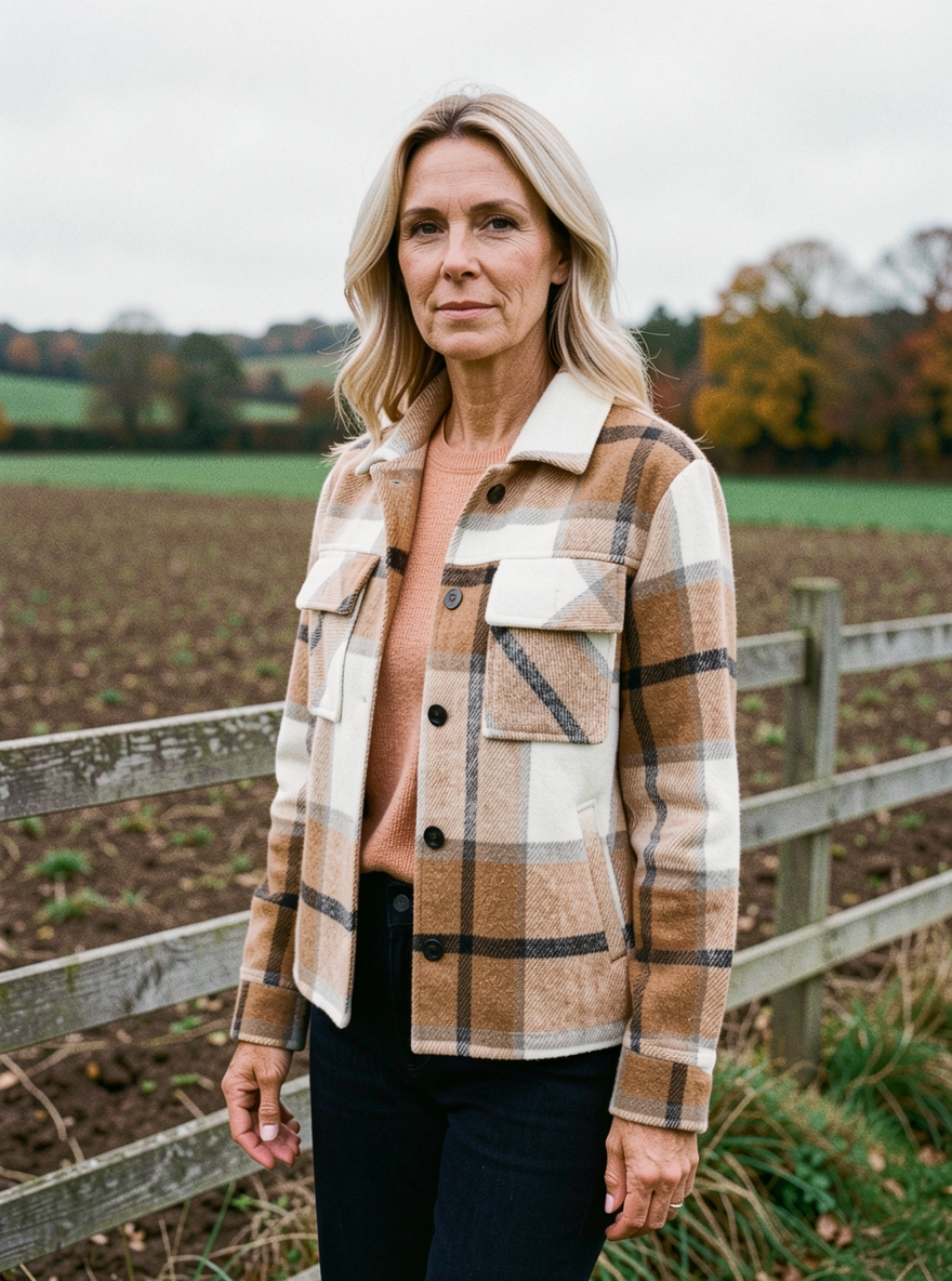 Women's Buffalo-Check Shacket — Cropped Wool-Blend Jacket - Apricot Check