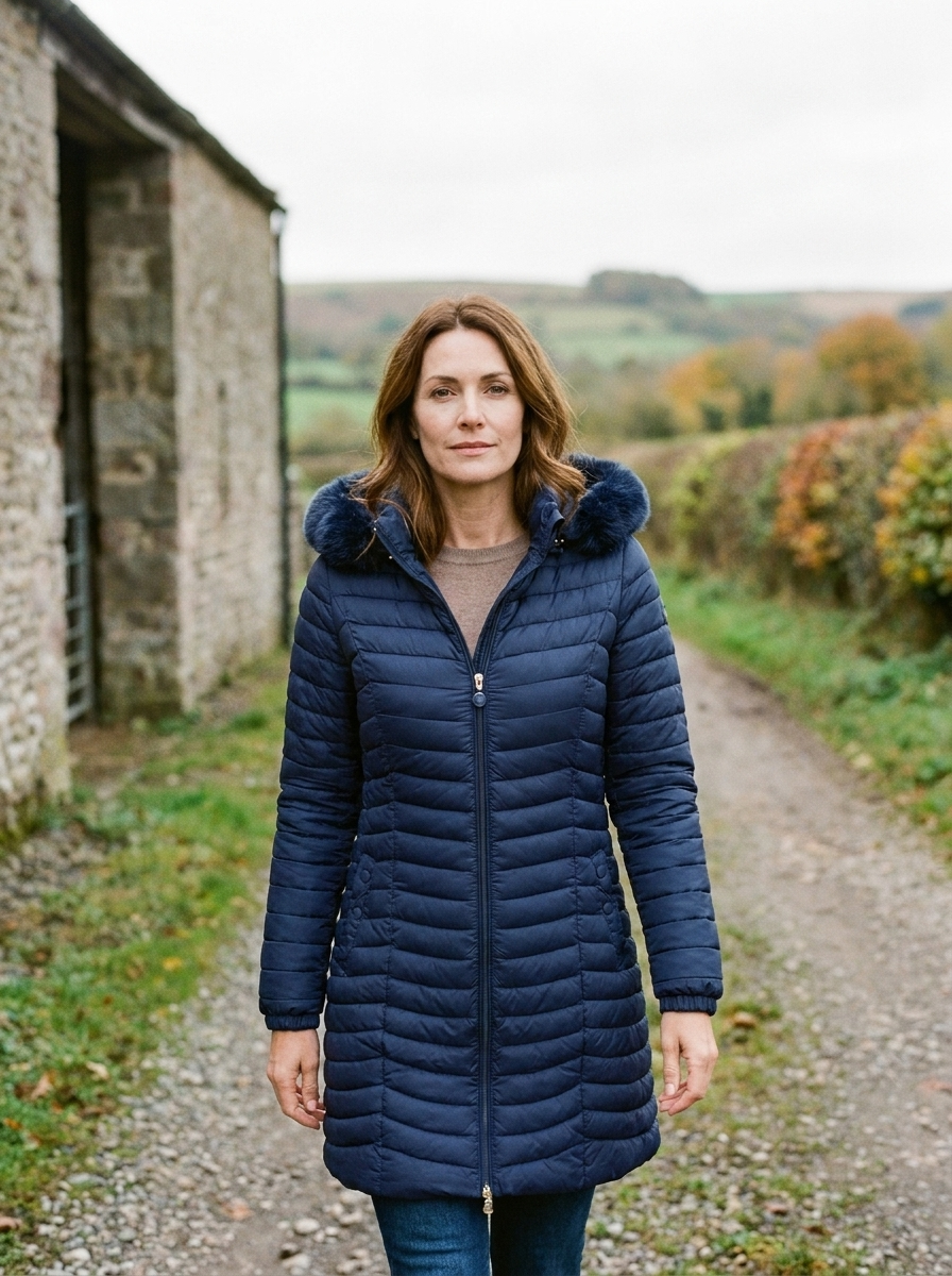Women's Slim Longline Puffer Coat — Channel-Quilted Parka - Navy