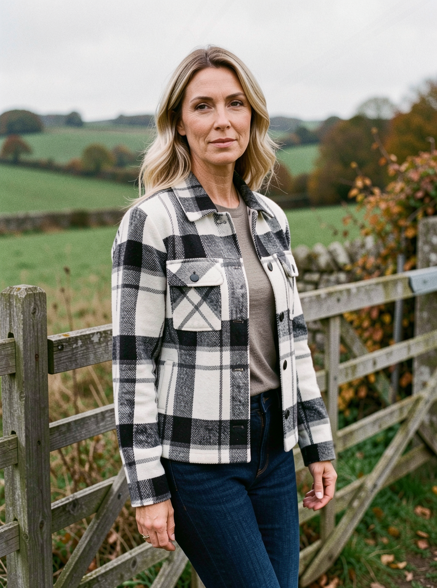 Women's Buffalo-Check Shacket — Cropped Wool-Blend Jacket - Black and White Check