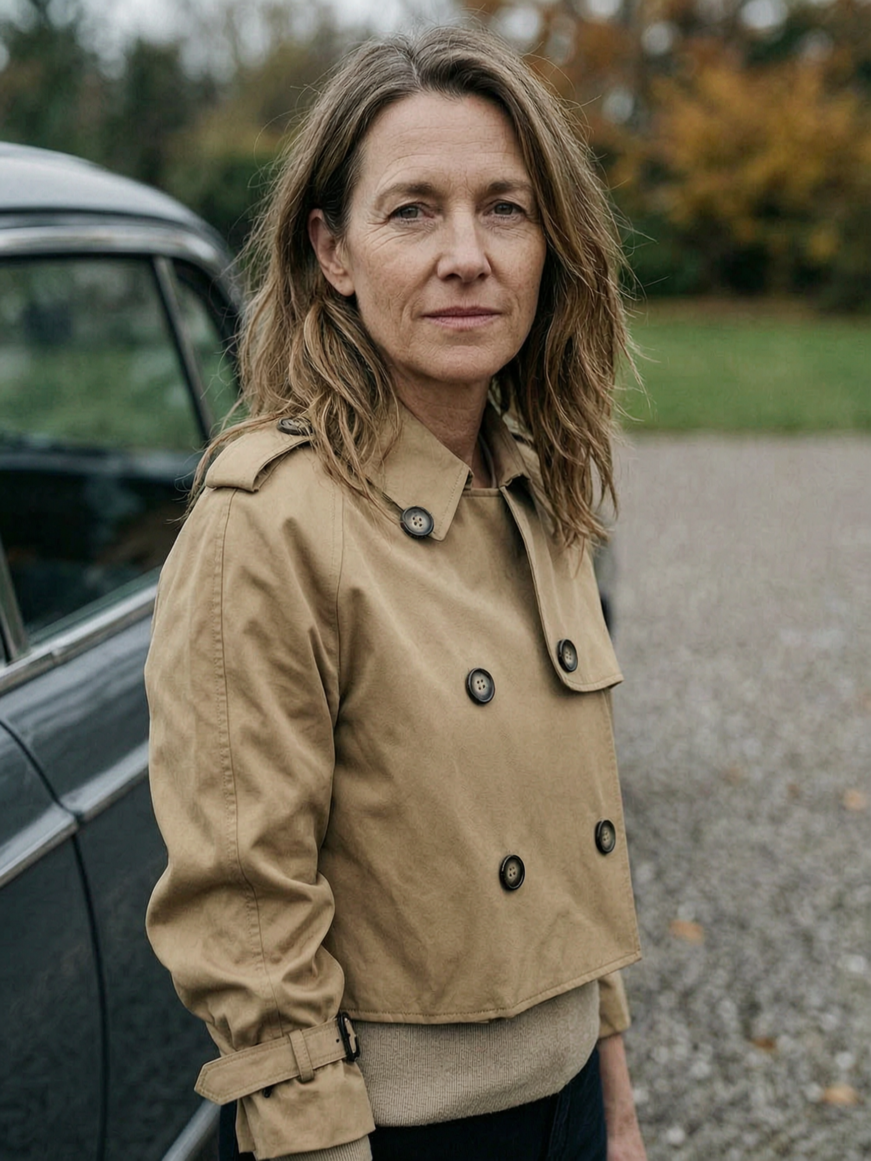 Women's Cropped Double-Breasted Trench Jacket — Showerproof Utility Mac - Khaki