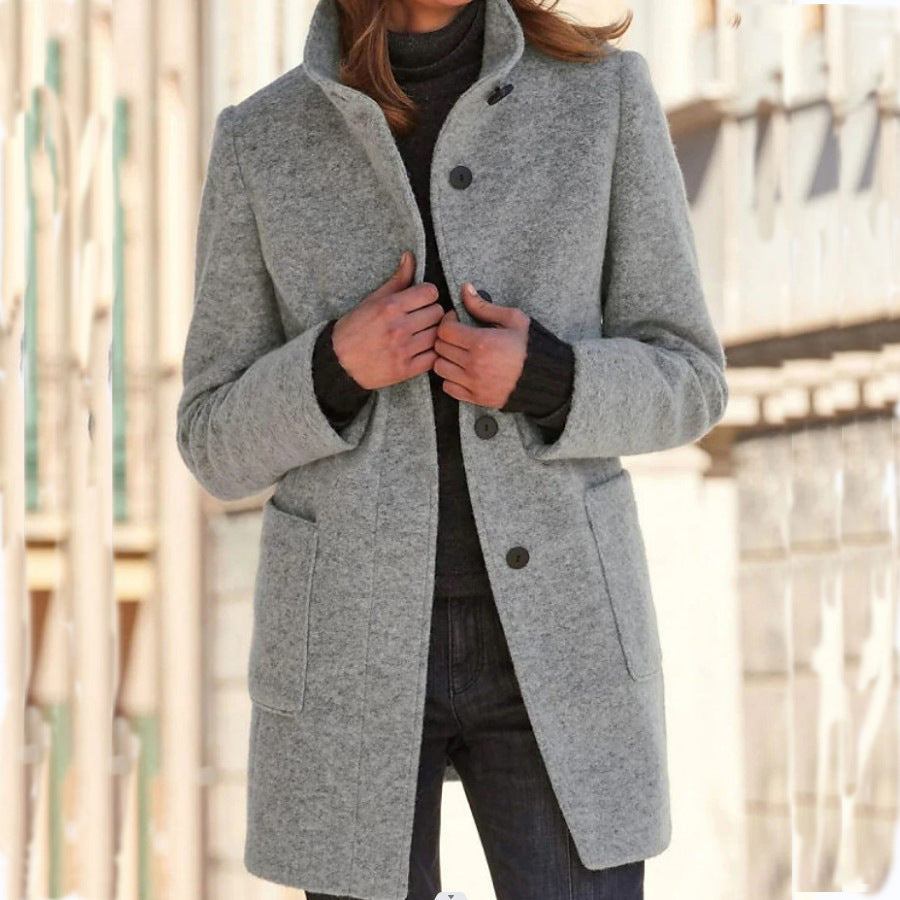 Women's Wool Blend Coat in Grey with Chic Collar | E&W - 2 - Elenwear