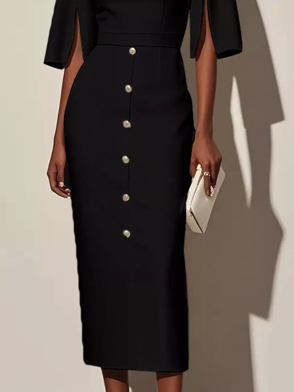 Midi Dress Women's Elegant Button Detail with Statement Sleeves | E&W - 3 - Elenwear
