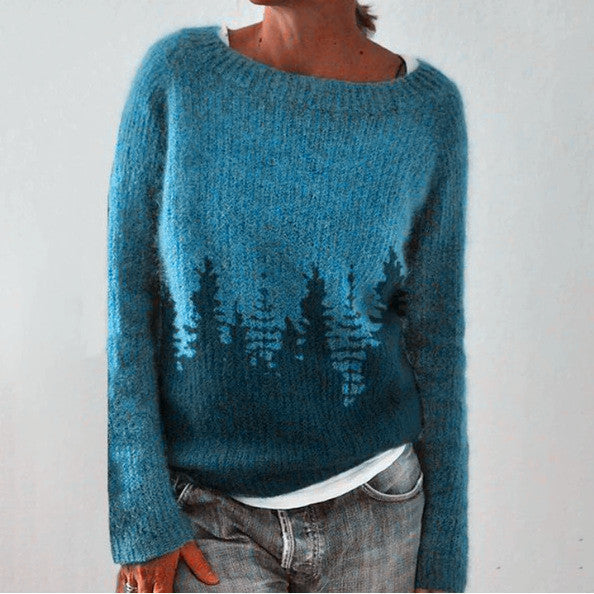 Women's Knit Sweater with Forest Print and Relaxed Fit | E&W - 1 - Elenwear