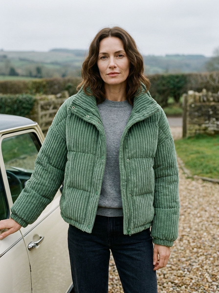 Women's Corduroy Puffer Jacket — Warm Ribbed Winter Coat - Green