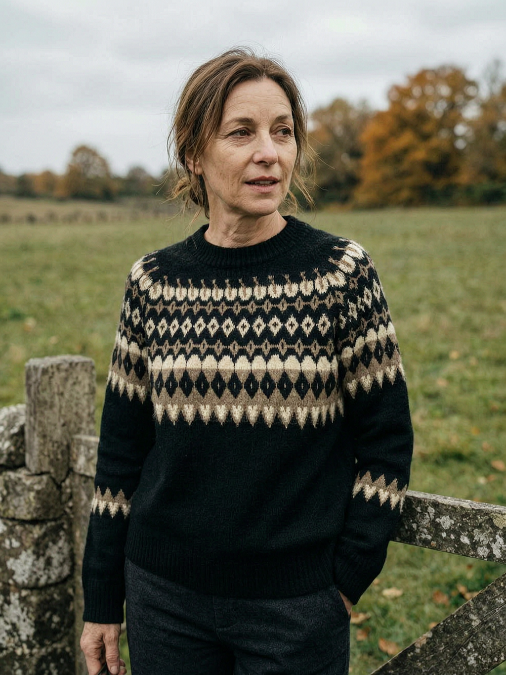 Women's Fair Isle Knit Jumper — Nordic-Pattern Wool Crew Neck Sweater - Black