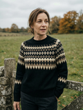 Women's Fair Isle Knit Jumper — Nordic-Pattern Wool Crew Neck Sweater - Black