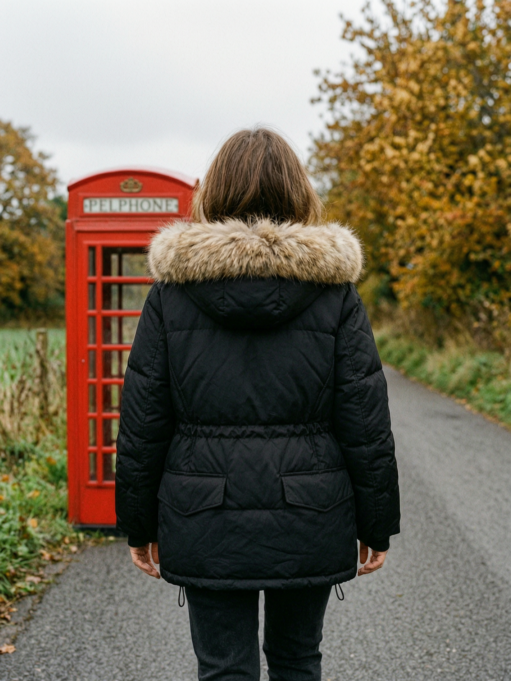 Women's Hooded Faux-Fur Trim Puffer Parka — Warm Winter Cargo Pocket Coat - Black - Back View