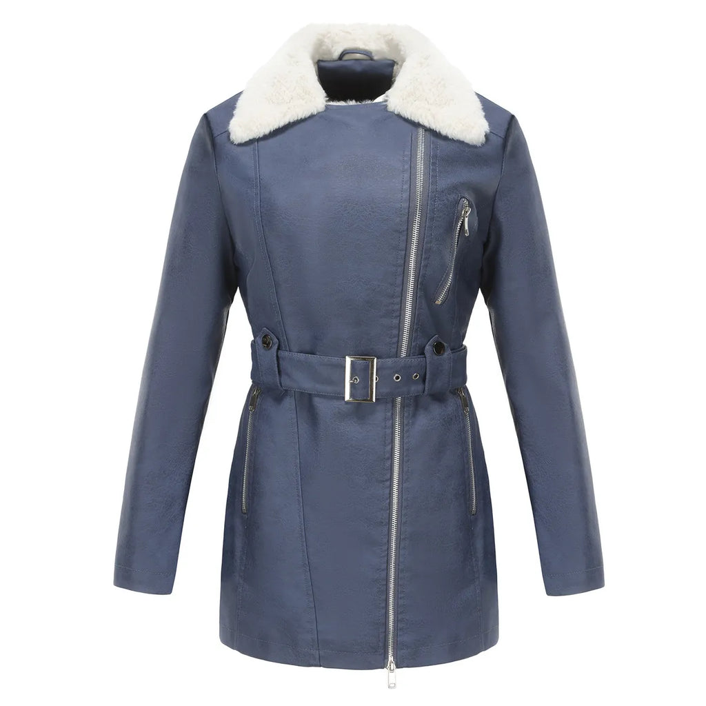 Biker Style Women's Faux Sheepskin Coat with Belt | E&W - 4 - Elenwear