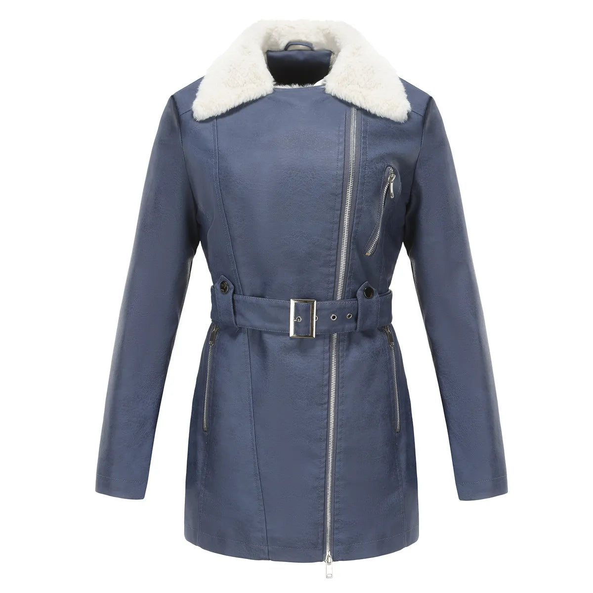 Biker Style Women's Faux Sheepskin Coat with Belt | E&W - 4 - Elenwear