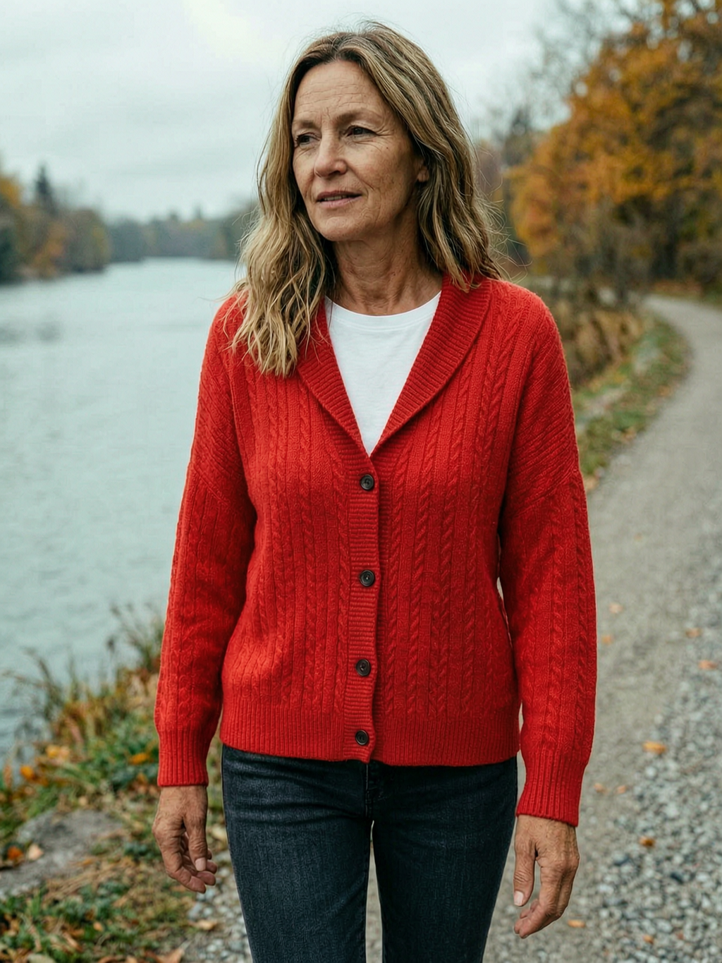 Women's Shawl-Collar Cable-Knit Longline Cardigan — Chunky Button-Front - Red