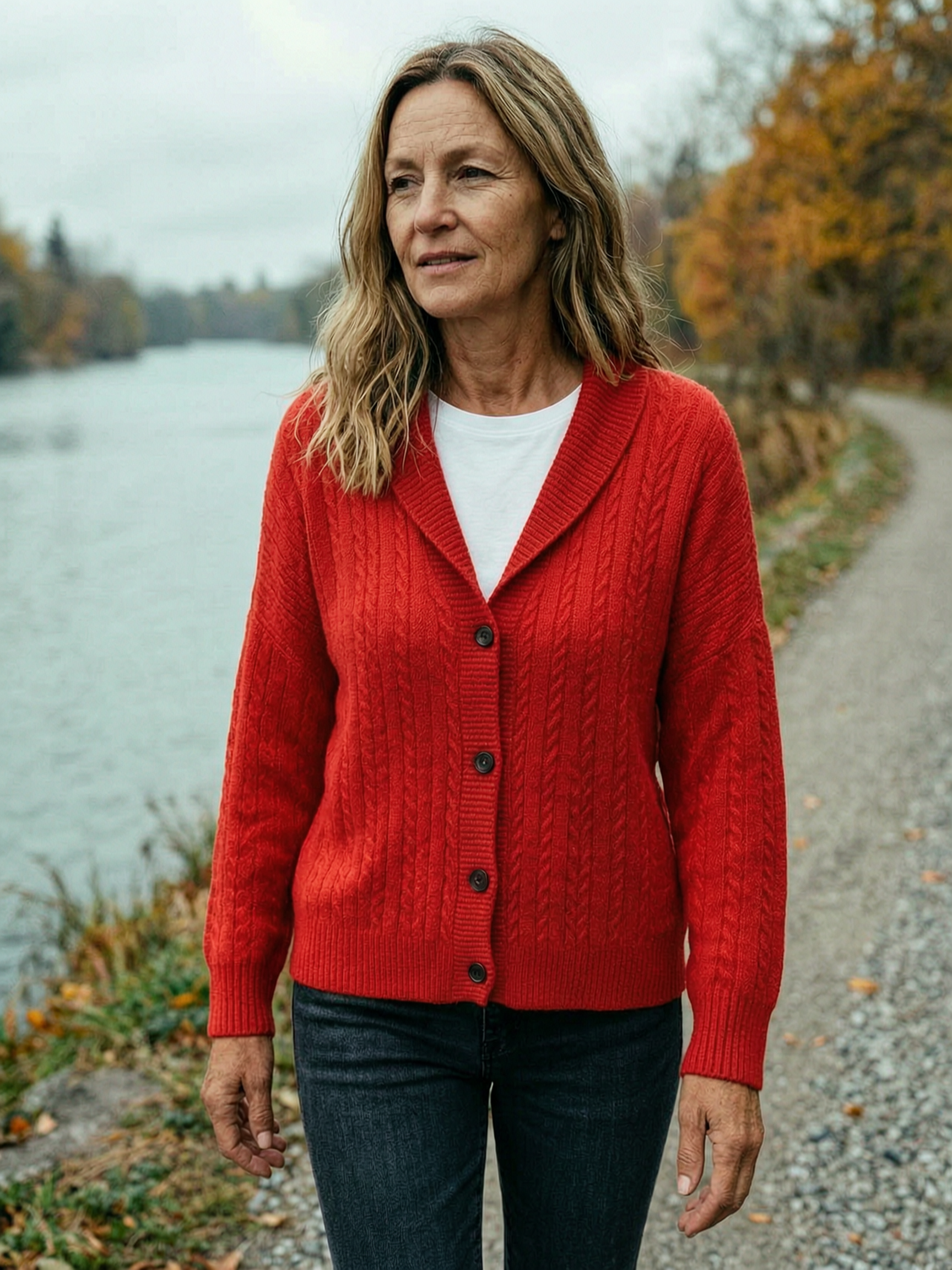 Women's Shawl-Collar Cable-Knit Longline Cardigan — Chunky Button-Front - Red
