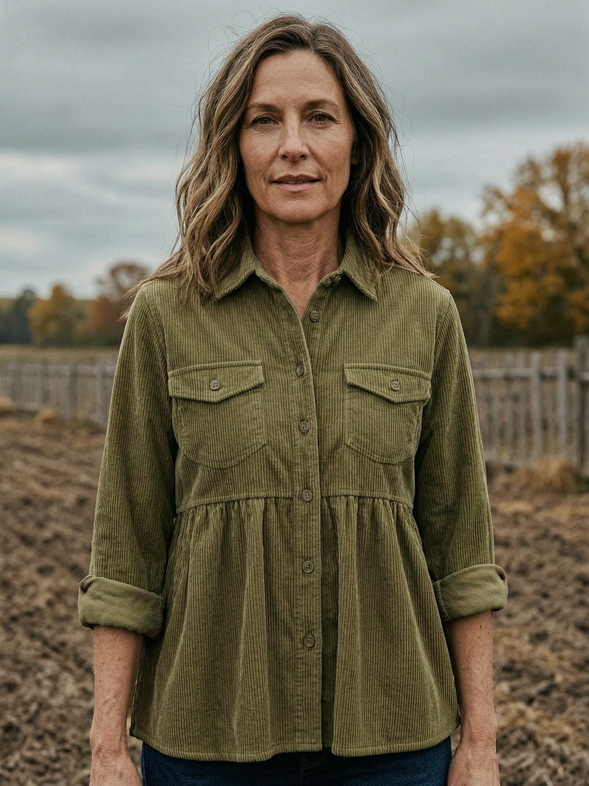 Women's Peplum-Hem Corduroy Shirt Jacket — Ruffle-Hem Overshirt - Khaki