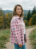 Women's Brushed Plaid Corduroy-Trim Shacket — Casual Layering Shirt Jacket - Dusty Pink