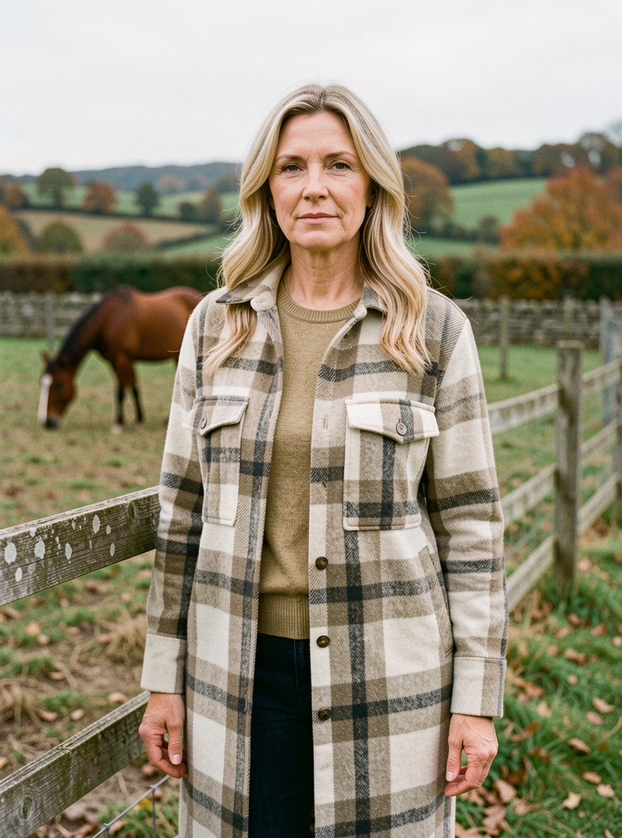 Women's Long Tartan Flannel Coat — Oversized Plaid Shacket - Khaki