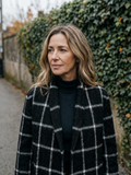 Women's Black Windowpane Check Longline Wrap Coat — Wool-Blend Investment Piece - Black Check