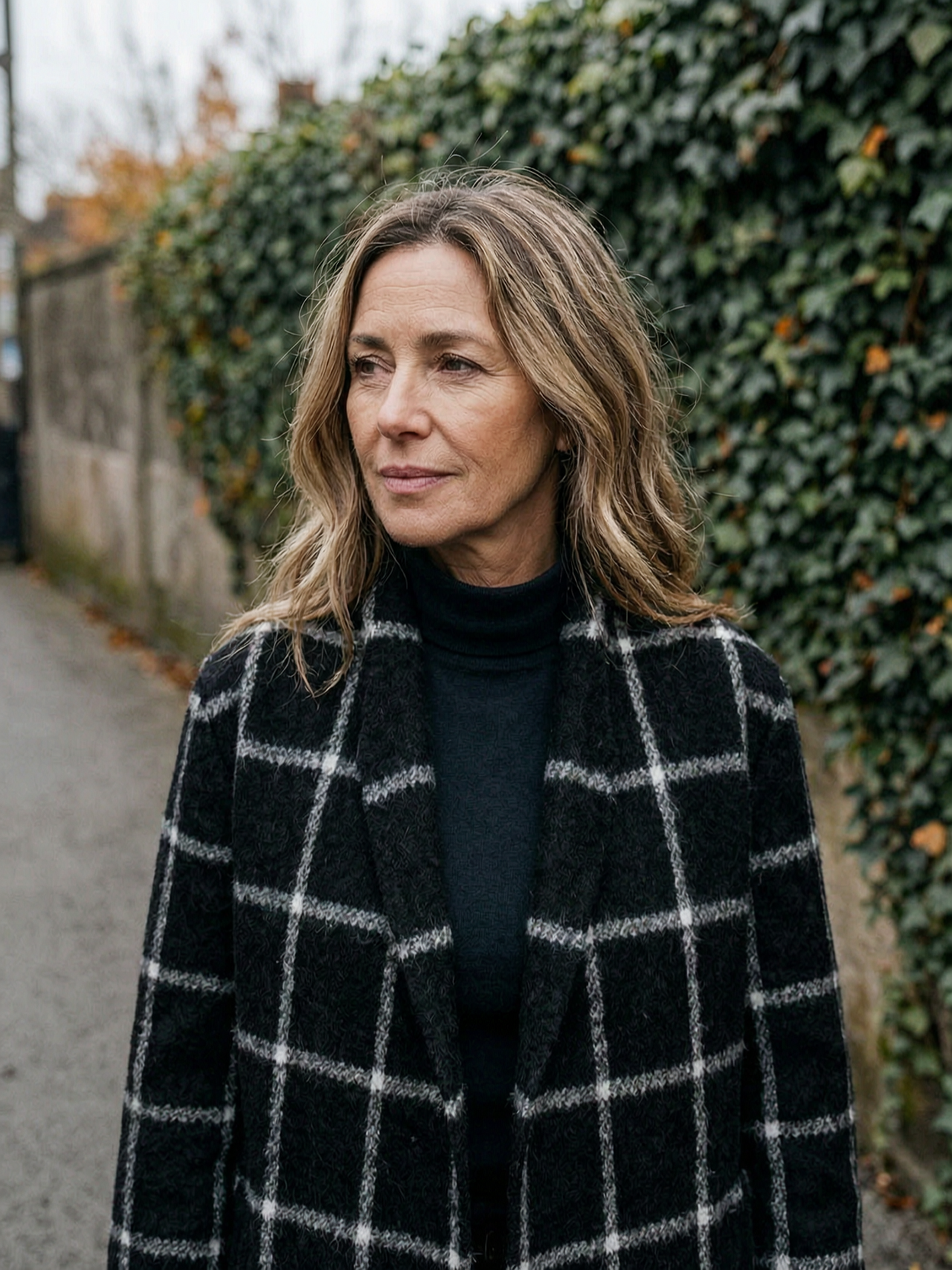 Women's Black Windowpane Check Longline Wrap Coat — Wool-Blend Investment Piece - Black Check