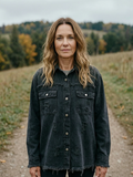 Women's Oversized Distressed Denim-Look Shacket — Frayed Button-Front Jacket - Black