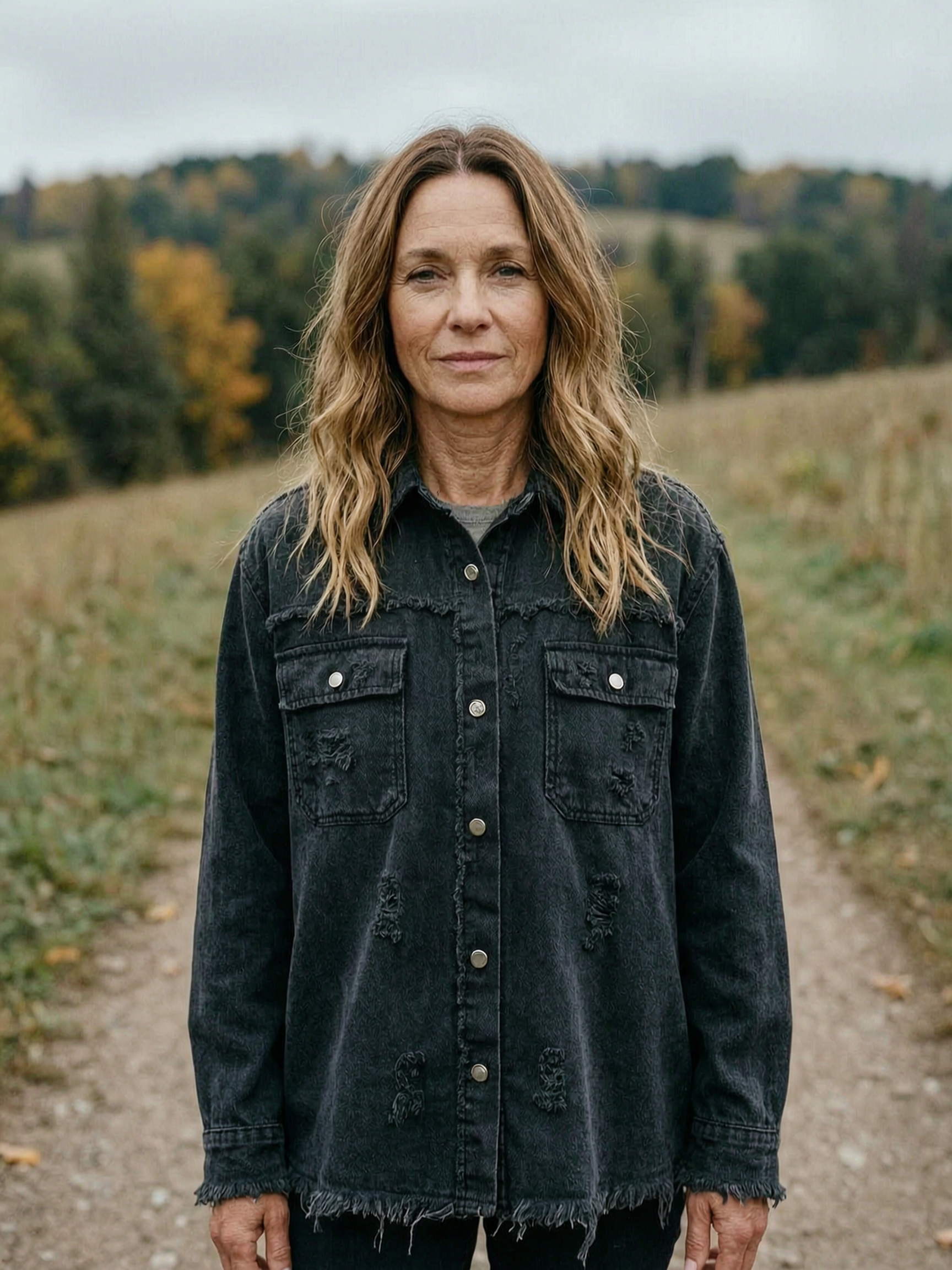 Women's Oversized Distressed Denim-Look Shacket — Frayed Button-Front Jacket - Black