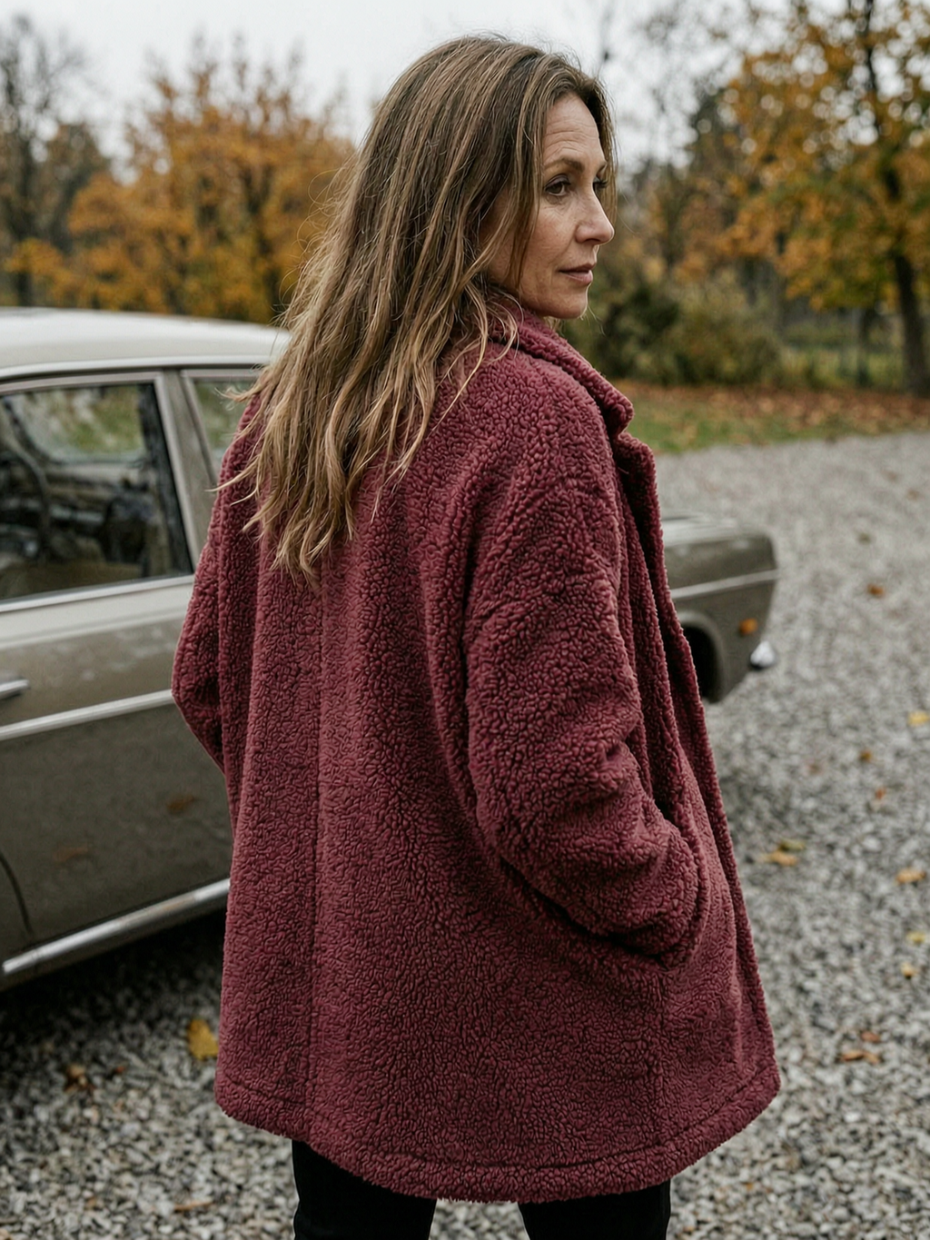 Women's Oversized Teddy Fleece Longline Coat — Soft Open-Front Layer - Burgundy - Back View