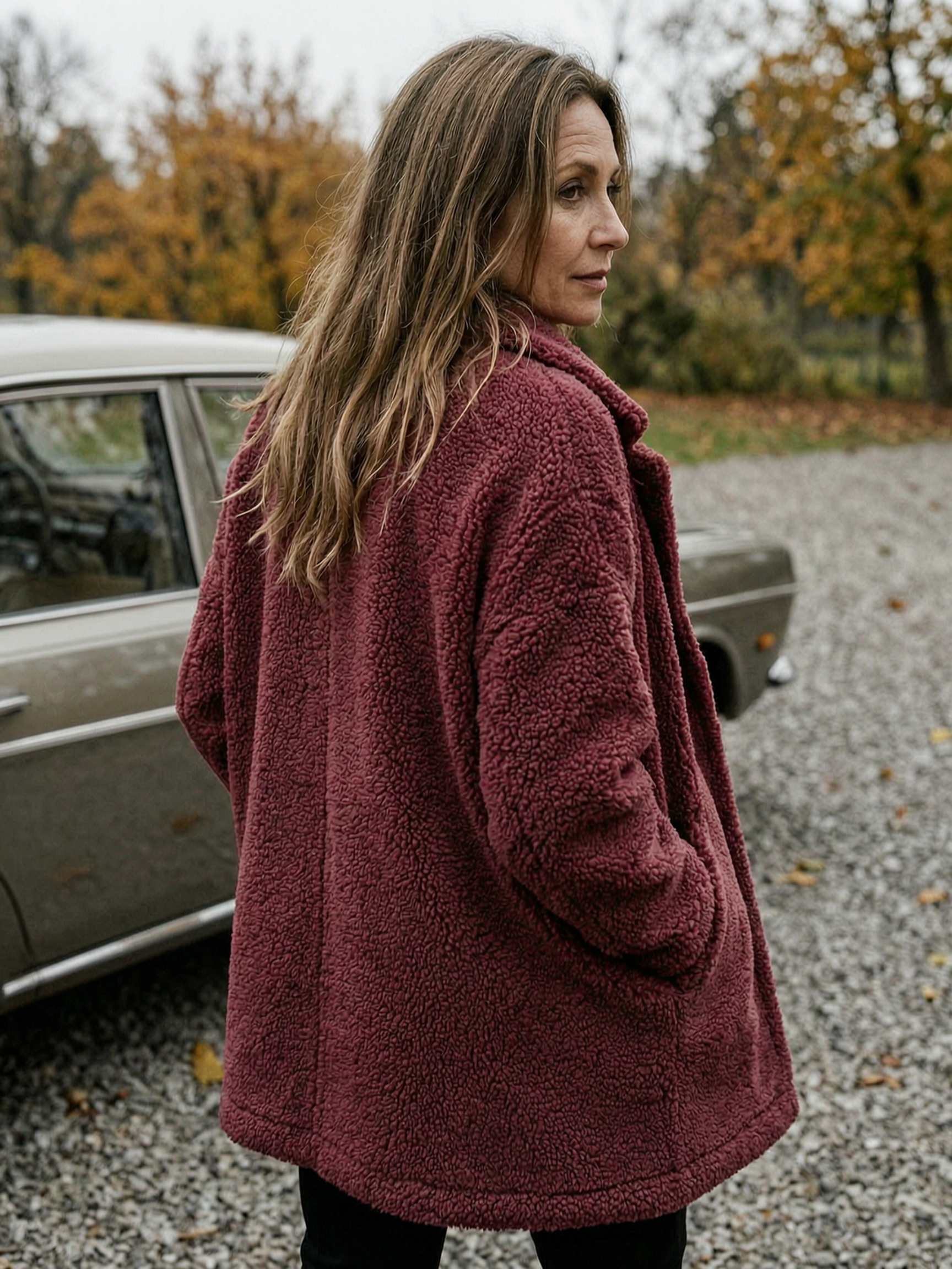 Women's Oversized Teddy Fleece Longline Coat — Soft Open-Front Layer - Burgundy - Back View