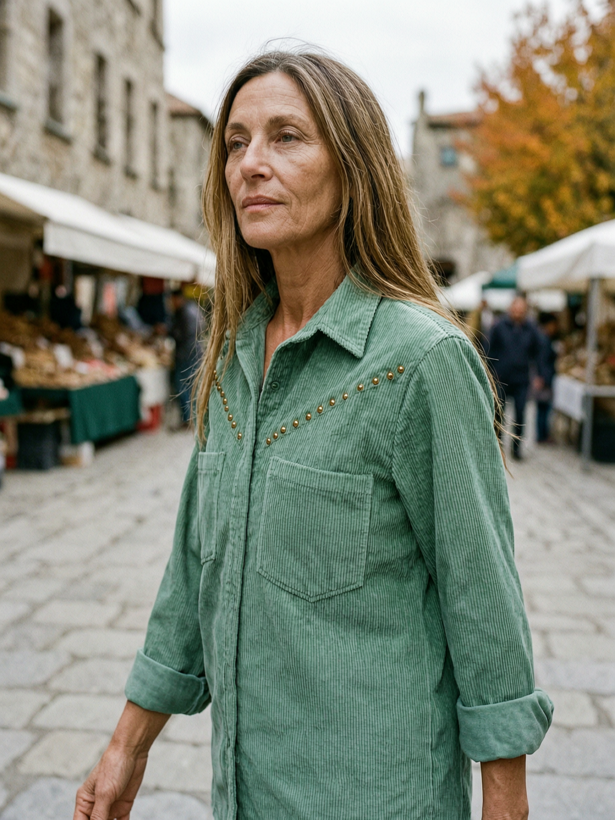 Women's Sage Corduroy Rivet-Pocket Shirt Jacket — Ribbed Western Shacket - Sage Green