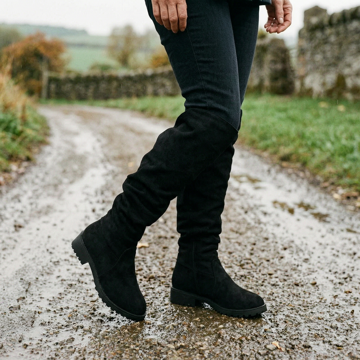 Women's Slouchy Suede Boots — Low Heel, Fleece-Lined
