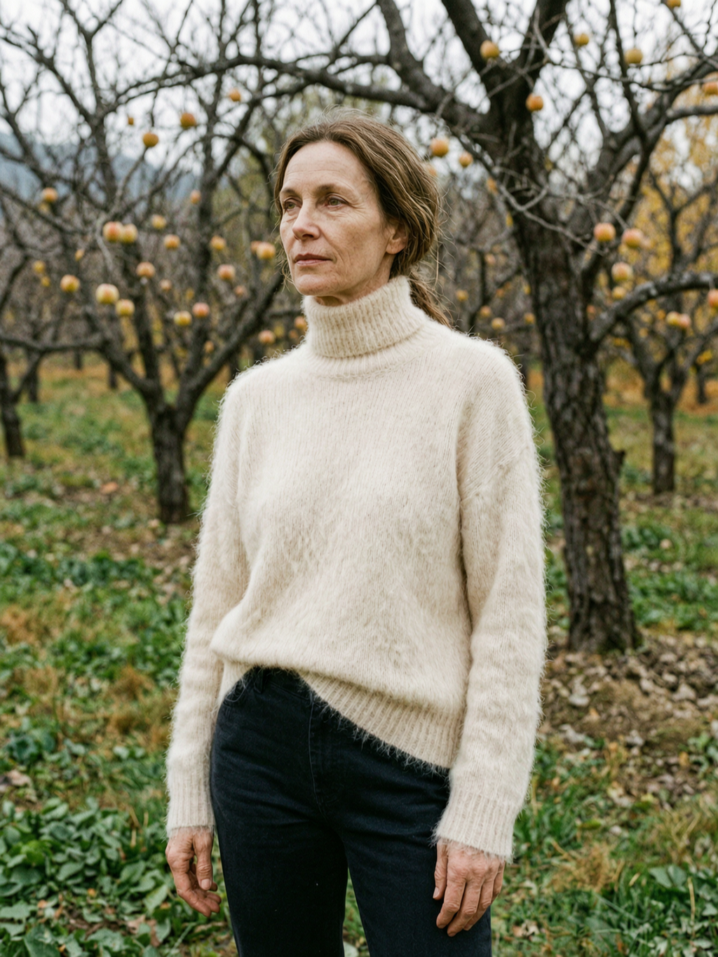 Women's Fuzzy Mohair-Blend Turtleneck Jumper — Soft Roll-Neck Sweater - Apricot