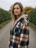 Women's Hooded Flannel Plaid Shacket — Teddy-Lined Overshirt - Navy Multi Plaid