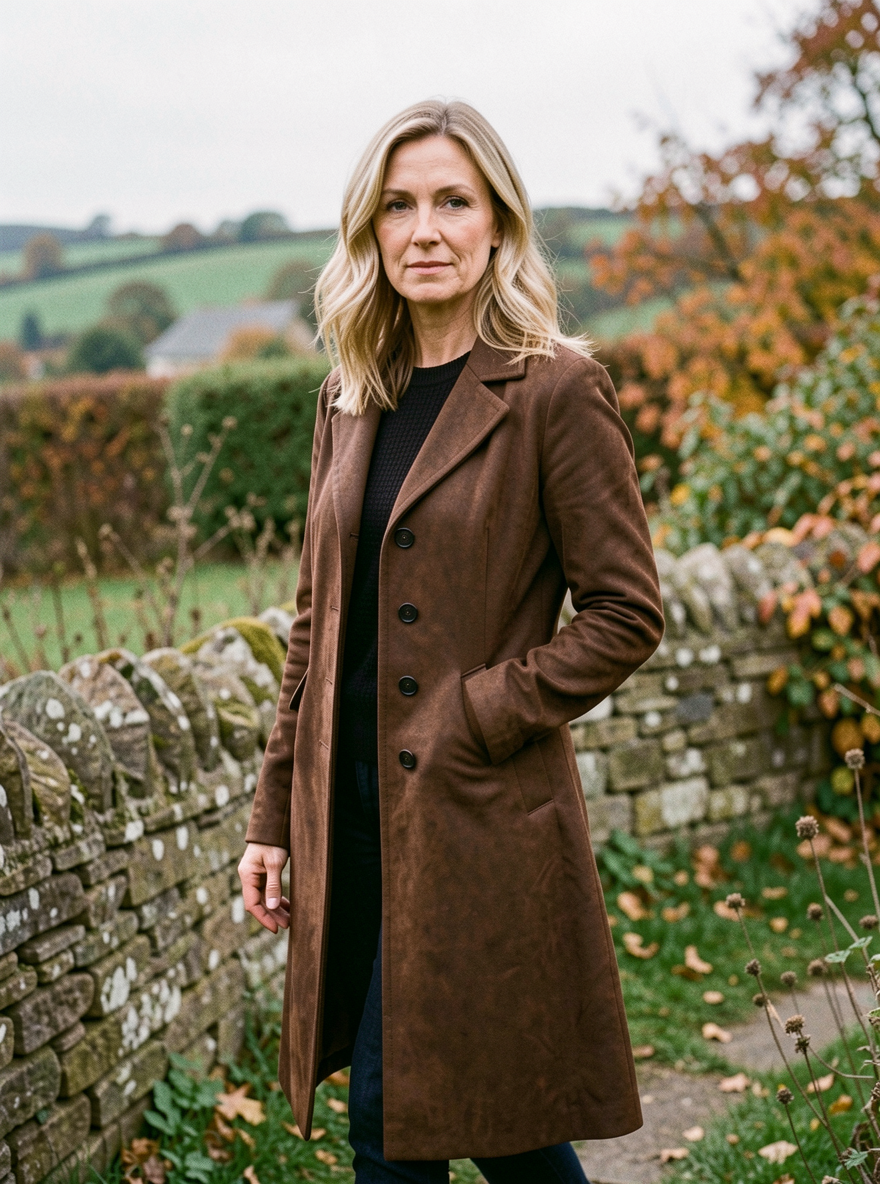 Women's Suede Lapel Trench Coat — Long Showerproof Coat - Dark Brown
