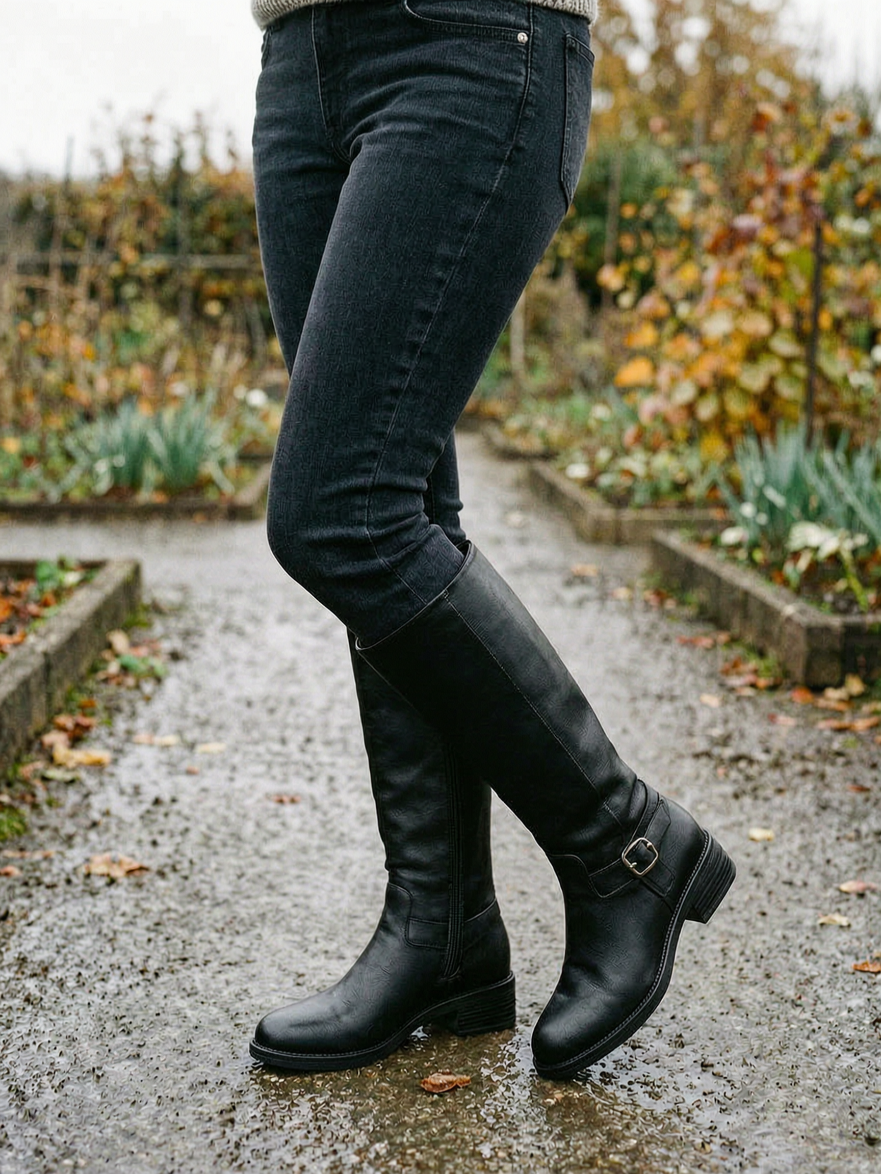 Women's Buckle-Strap Knee-High Riding Boots — Classic Countryside Boots - Black - Detail