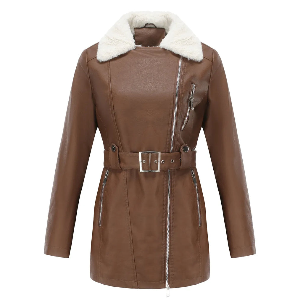 Biker Style Women's Faux Sheepskin Coat with Belt | E&W - 5 - Elenwear