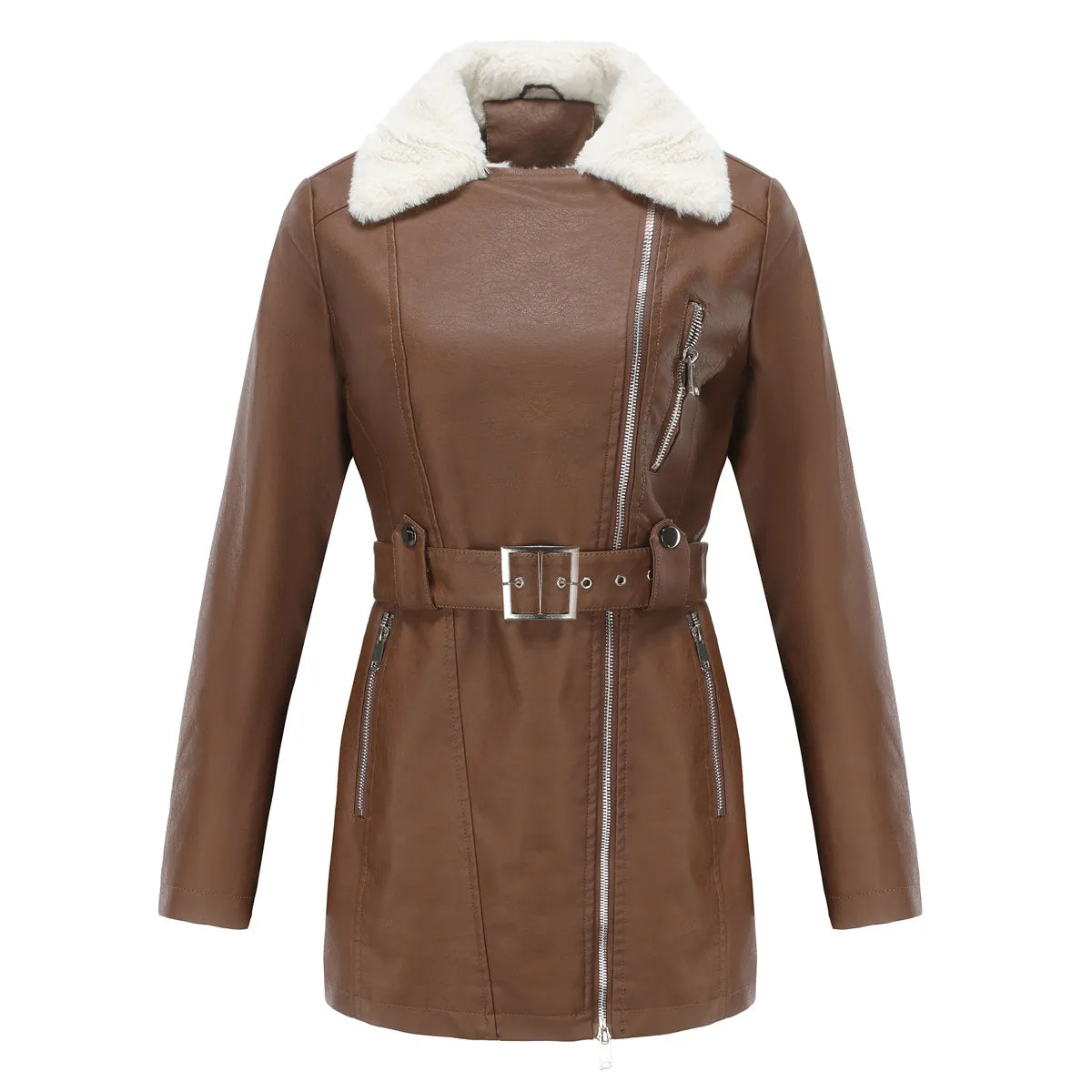Biker Style Women's Faux Sheepskin Coat with Belt | E&W - 5 - Elenwear
