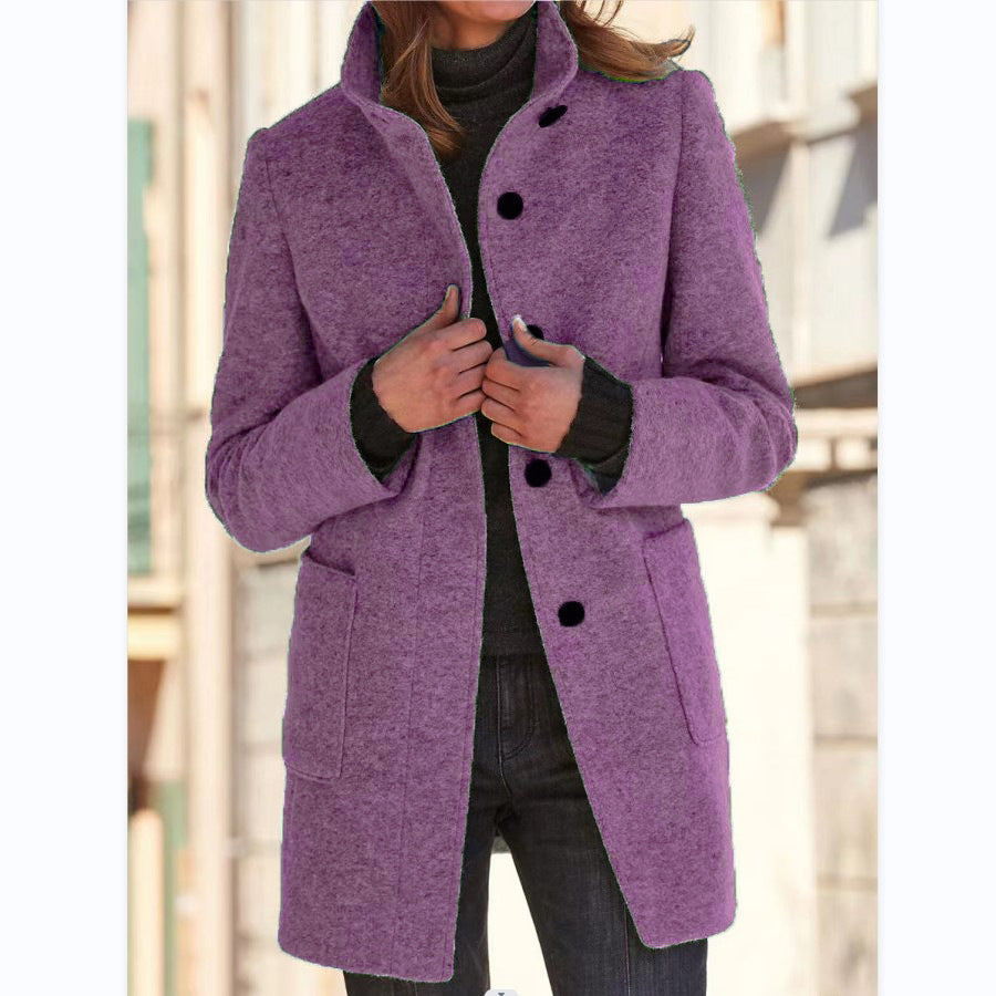 Women's Wool Blend Coat in Grey with Chic Collar | E&W - 3 - Elenwear
