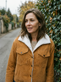 Women's Sherpa-Collar Corduroy Trucker Jacket — Fleece-Lined Shacket - Camel